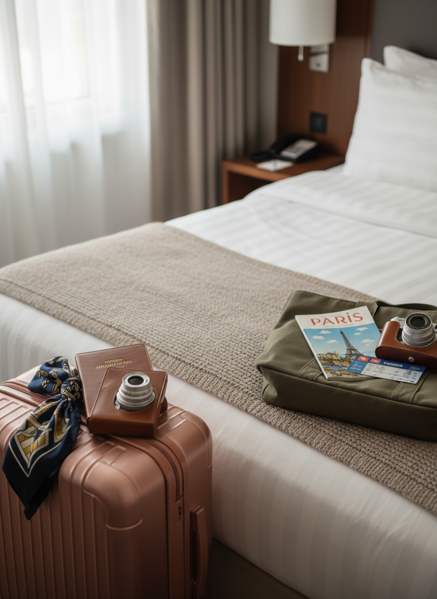 A stylish carry-on suitcase made of textured rose-gold polycarbonate, standing slightly ajar beside a neatly made hotel bed with crisp white linens and a soft taupe throw. From the suitcase, a silk scarf, a slim leather-bound planner, and a compact camera in a vintage case are partially visible. On the bed, a folded city guidebook and a metro card rest atop a structured tote bag. Natural daylight from a large window to the left bathes the scene in a soft, diffused glow, creating subtle highlights on the suitcase’s shell. Photographic realism, shot from a slightly elevated three-quarter angle, communicates intentional, sophisticated solo travel and quiet adventure.