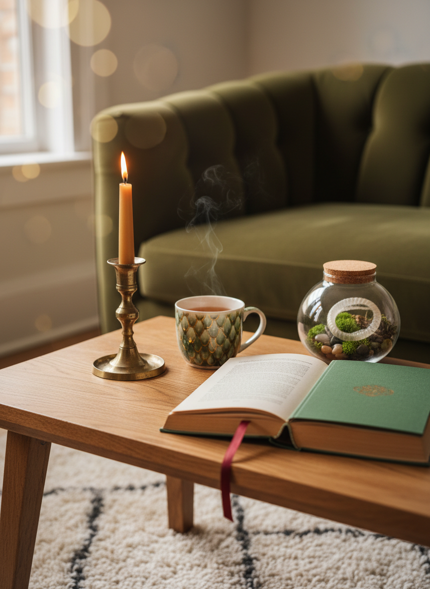 An intimate reading nook styled with sophisticated warmth: a low oak coffee table supporting a tall, beeswax candle in a brass holder, a reptile-patterned ceramic mug of herbal tea, and an open hardcover book marked with a ribbon bookmark. On the table’s far edge rests a small glass terrarium, where a single curled reptile shed is artfully arranged among moss and smooth stones, suggesting a quiet admiration for reptiles without any live animals present. A textured wool rug and the corner of a velvet sofa frame the scene. Soft, diffused afternoon light from a nearby window creates gentle highlights and bokeh in the background. Photographic realism with a shallow depth of field emphasizes coziness and thoughtful curiosity.