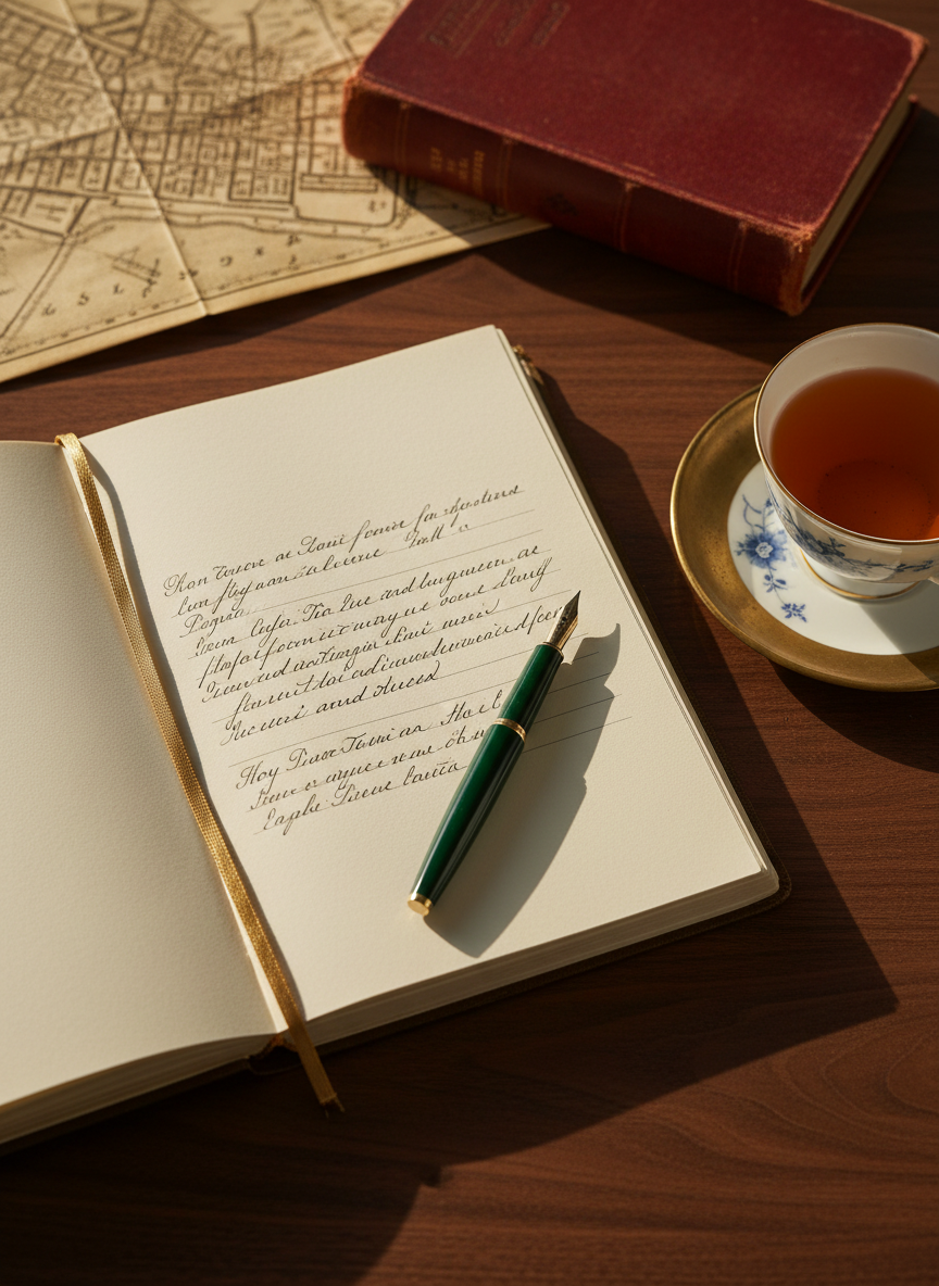 A carefully arranged flat lay on a walnut writing desk, featuring an open linen-bound journal with elegant gold-edged pages, a fountain pen resting diagonally across the margin, and a delicate porcelain teacup filled with amber tea on a brass saucer. A folded city map and a weathered hardcover novel peek from the top edge of the frame. Soft morning sunlight filters through an unseen window, creating long, gentle shadows and a warm, inviting glow. Photographic realism with a shallow depth of field keeps the journal lines crisp while the background blurs into cozy abstraction, evoking reflective lifestyle storytelling and sophisticated everyday moments.