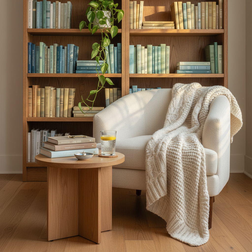 A sunlit corner of a living space styled for quiet reflection, with an overstuffed cream armchair draped in a chunky knit throw, facing a low oak side table. On the table rests a stack of thoughtfully chosen books, a small ceramic dish holding a key and a single gold earring, and a glass of sparkling water with lemon slices. Behind, a tall bookcase filled with color-coordinated spines and a leafy trailing plant frames the scene. Late-afternoon golden hour light pours in from the right, casting dappled patterns on the hardwood floor. Shot at eye level in photographic realism, the composition suggests a sophisticated, contemplative lifestyle without showing any people.